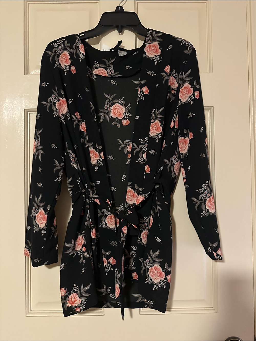 Divided Black Floral Long Sleeve Wrap Top with Pink Roses